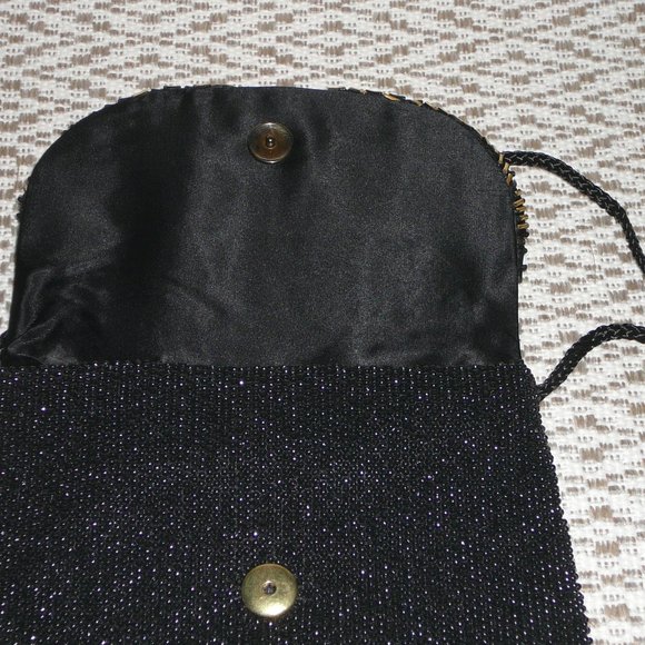 Vintage Black Beaded Evening Bag Gold Bow Holiday - Picture 6 of 9